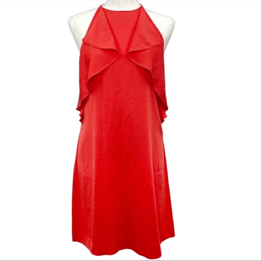 Theory ‘Malvies’ Silk Halter Dress w Ruffle Accents Bright Red Orange Sz 4